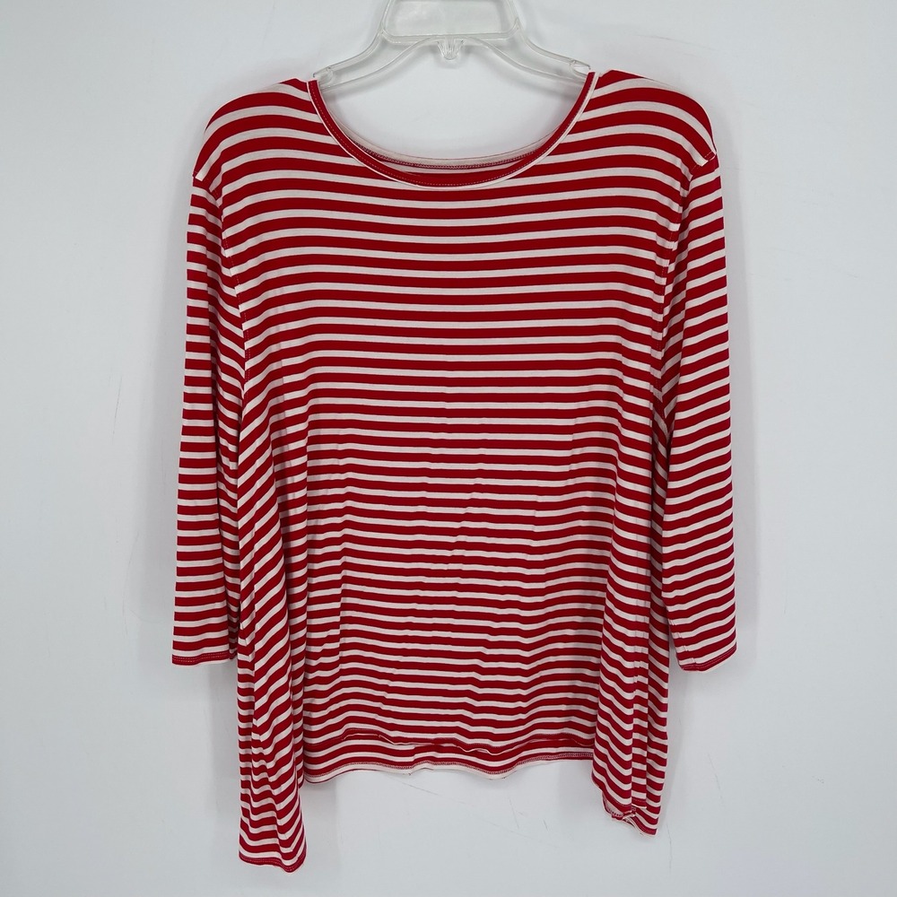 Orvis Women's Red Striped 3/4 Sleeve Stretch Pullover Preppy Knit Top Size XL